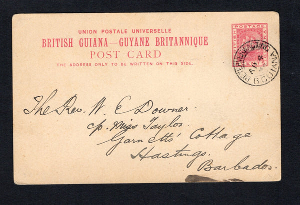 BRITISH GUIANA - 1894 - CANCELLATION & INTER-ISLAND MAIL: 2c carmine rose 'Ship' postal stationery card (H&G 8) used with BETERVERWAGTING cds dated AP 4 1894. Addressed to HASTINGS, BARBADOS with GEORGETOWN transit cds and BARBADOS arrival cds on reverse.  (BRG43901)