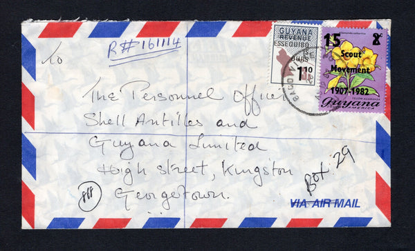 BRITISH GUIANA - 1982 - GUYANA / VENEZUELA TERRITORIAL DISPUTE: Registered airmail cover franked with 1982 110c on 3c black & venetian red 'Revenue' issue with 'ESSEQUIBO IS OURS' overprint and 15c on 2c 'Flower' issue with 'Scout Movement 1907-1982' overprint (SG 952 & 896) tied by BAGOTVILLE skeleton cds dated AU 19 1982. Addressed to GEORGETOWN with arrival cds on reverse. The 'Essequibo is Ours' overprints were produced in 1982 due to renewed military interest the region from Venezuela and are uncommon