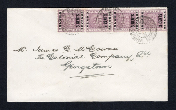 BRITISH GUIANA - 1891 - PROVISIONAL ISSUE: Cover franked with strip of four 1888 3c dull purple 'INLAND REVENUE' overprint issue (SG 177) tied by GEORGETOWN cds dated JA 10 1891. Addressed to 'Mr James E U Cowan, The Colonial Company Ltd, Georgetown'. Fine & scarce.  (BRG44349)