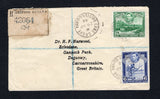 BRITISH GUIANA - 1946 - REGISTRATION & CANCELLATION: Registered cover franked with 1938 6c deep ultramarine and 24c blue green GVI issue (SG 311/312) tied by multiple strikes of CANE GROVE cds dated 29 AP 1946 with printed black on white registration label alongside. Addressed to UK with transit marks on reverse.  (BRG44724)