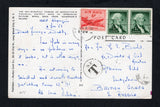 BRITISH GUIANA - 1957 - INCOMING MAIL & CANCELLATION: Incoming colour PPC 'The Sky-scraping Towers of Manhattan's Financial district' franked on message side with USA 1947 6c carmine and 1954 pair 1c green (SG A944 & 1028) tied by NEW YORK machine cancel dated JAN 4 1957. Addressed to 'Mr & Mrs H G Barhil, c/o Director of Civil Aviation, Atkinson's Field, Georgetown, British Guiana, S. America' with good strike of PA ATKINSON FIELD BG 'Skeleton' arrival cds on reverse. An unusual destination.  (BRG45264)
