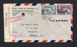 BRITISH GUIANA - 1940 - CENSORED MAIL: Incoming airmail cover from Trinidad franked with 1938 6c sepia & blue and 12c black & purple GVI issue (SG 250 & 252) tied by G.P.O. PORT-OF-SPAIN cds's dated AP 25 1940. Addressed to GEORGETOWN, BRITISH GUIANA and censored on arrival with black & white printed 'Officially opened and resealed BY CENSOR' strip at left tied by two strikes of two line 'PASSED BY CENSOR' mark in red with '5' added in red crayon. AIR MAIL G.P.O. BRITISH GUIANA arrival cds also on reverse.
