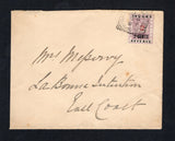 BRITISH GUIANA - 1889 - PROVISIONAL ISSUE & TRAVELLING POST OFFICES: Cover franked with 1889 2c on 2c black & dull purple 'INLAND REVENUE' overprint issue (SG 192) tied by CARMICHAEL ST B.O. GEORGETOWN squared circle cds dated 6 JUL 1889. Addressed 'Mrs Meponry, La Bonne Intention, East Coast' with two strikes of DEMERERA RAILWAY T.P.O. cds on reverse. Scarce.  (BRG45642)