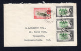 BRITISH HONDURAS - 1957 - CANCELLATION: Cover franked with 1953 strip of three 1c green & black and 5c deep olive green & scarlet QE2 issue (SG 179 & 183) tied by three strikes of BARRANCO cds dated 30 NOV 1957. Addressed to UK with PUNTA GORDA and BELIZE transit cds's on reverse.  (BRH/36459)