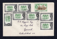 BRITISH HONDURAS - 1956 - CANCELLATION: Cover franked with 1953 7 x 1c green & black and 4c brown & green QE2 issue (SG 179 & 182) tied by multiple fine strikes of MULLINS RIVER cds dated 28 OCT 1956. Addressed to UK with BELIZE transit cds on reverse.  (BRH/37144)