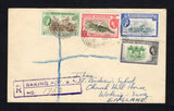 BRITISH HONDURAS - 1960 - CANCELLATION & REGISTRATION: Registered cover franked with 1953 1c green & black, 4c brown & green, 5c deep olive green & scarlet and 10c slate & bright blue QE2 issue (SG 179, 182/183 & 184) tied by multiple strikes of BAKING POT cds dated 19 JAN 1960 with boxed 'BAKING POT B.H.' registration handstamp in purple alongside. Addressed to UK with BELIZE transit cds on reverse.  (BRH/43256)