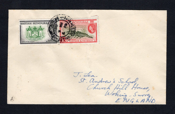 BRITISH HONDURAS - 1958 - CANCELLATION: Cover franked with 1953 1c green & black & 5c deep olive green & scarlet QE2 issue (SG 179 & 183) tied by good strike of 18¼ MLS. S/C. VALLEY cds dated MR 5 1958. Addressed to UK with STANN CREEK and BELIZE transit cds's on reverse. A scarce origination.  (BRH/43258)