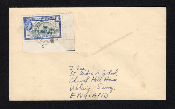 BRITISH HONDURAS - 1958 - CANCELLATION: Cover franked with single corner marginal 1953 10c slate & bright blue QE2 issue (SG 184) cancelled by good strike of 18¼ MLS. S/C. VALLEY cds dated 1959. Addressed to UK. A scarce origination.  (BRH/43259)