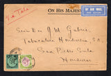 BRITISH HONDURAS - 1931 - AIRMAIL & DESTINATION: Stampless printed 'ON HIS MAJESTY'S SERVICE' cover franked with 1922 10c dull purple & sage green and 25c black on emerald GV issue (SG 132/133) tied by BELIZE cds's dated AU 6 1931 with manuscript 'Via Tela' in red and blue airmail label at top. Addressed to SAN PEDRO SULA, HONDURAS with TELA airmail transit mark and SAN PEDRO SULA arrival cds in red on reverse.  (BRH45483)