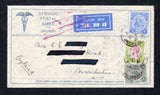 BRITISH HONDURAS - 1931 - HURRICANE EMERGENCY FORCE & AIRMAIL: Printed 'SERVICIO POSTAL AEREO URUGUAY' official airmail envelope franked with 1922 4c grey, 5c ultramarine & 10c dull purple & sage green GV issue (SG 130/132) tied by BELIZE cds's dated 21 SP 1931 with three line 'AIR FEE PREPAID TO NEW YORK CITY ONLY' marking on front. Addressed to UK. Believed to be from the Uruguayan contingent of the relief force sent to Belize after the devasting hurricane of the 10th September 1931.  (BRH45652)