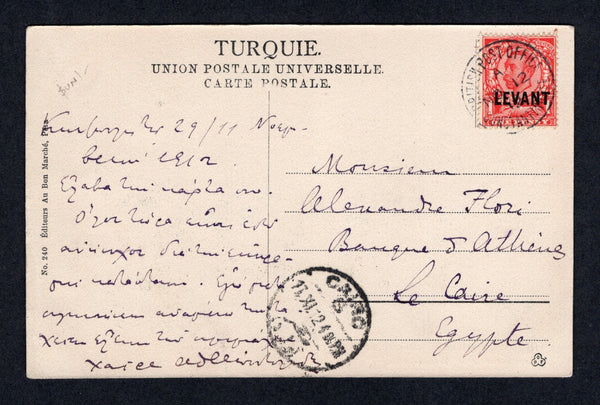 BRITISH LEVANT - 1911 - DOWNEY HEAD ISSUE: Black & white PPC 'Constantinople. Ecrivains Turcs.' franked on message side with single 1911 1d carmine red GV 'Downey Head' issue with 'LEVANT' overprint (SG L13) tied by BRITISH POST OFFICE CONSTANTINOPLE cds dated NOV 12 1911. Addressed to EGYPT with arrival cds on front.  (BRL/24248)