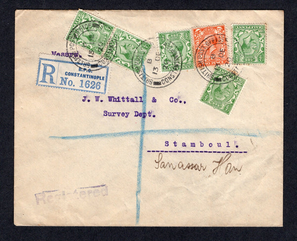 BRITISH LEVANT - 1920 - GREAT BRITAIN USED IN THE LEVANT & REGISTRATION: Registered cover franked with Great Britain 1920 5 x ½d green and 2d orange GV issue (SG Z188 & Z191) tied by multiple strikes of BRITISH POST OFFICE CONSTANTINOPLE cds dated 13 DEC 1920 with printed blue & white 'B.P.O. CONSTANTINOPLE' registration label alongside. Addressed to ISTAMBUL.  (BRL/24251)