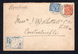 BRITISH LEVANT - 1919 - GREAT BRITAIN USED IN THE LEVANT & REGISTRATION: Registered cover franked with Great Britain 1919 2d orange and 2½d blue GV issue (SG Z179/Z180) tied by two fine strikes of BRITISH A.P.O. CONSTANTINOPLE cds dated 29 NOV 1919 with plain blue on white registration label with third strike of the BRITISH A.P.O. CONSTANTINOPLE cds. Addressed locally within CONSTANTINOPLE.  (BRL/24252)