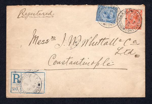 BRITISH LEVANT - 1919 - GREAT BRITAIN USED IN THE LEVANT & REGISTRATION: Registered cover franked with Great Britain 1919 2d orange and 2½d blue GV issue (SG Z179/Z180) tied by two fine strikes of BRITISH A.P.O. CONSTANTINOPLE cds dated 29 NOV 1919 with plain blue on white registration label with third strike of the BRITISH A.P.O. CONSTANTINOPLE cds. Addressed locally within CONSTANTINOPLE.  (BRL/24252)