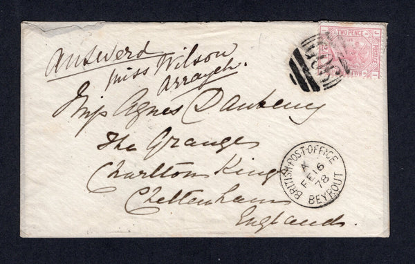 BRITISH LEVANT - 1878 - GREAT BRITAIN USED IN THE LEVANT: Cover franked with 1876 2½d rosy mauve QV issue (SG Z81, Plate 8) tied by fine 'G06' barred numeral with superb strike of BRITISH POST OFFICE BEYROUT cds dated FEB 16 1878 alongside. Addressed to UK with arrival cds on reverse. Very attractive.  (BRL/26217)