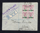 BRITISH LEVANT - 1910 - REGISTRATION: Registered cover franked with block of four 1909 30pa on 1½d pale dull purple & green EVII issue (SG 16) tied by BRITISH POST OFFICE CONSTANTINOPLE cds's with printed blue & white 'BRITISH POST OFFICE CONSTANTINOPLE' registration label alongside. Addressed to AUSTRIA. Very fine.  (BRL/26218)