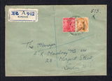 BURMA - 1934 - INDIA USED IN BURMA & REGISTRATION: Registered cover franked with India 1926 2a 6p orange and 1932 3a carmine GV issue (SG 207 & 237) tied by RANGOON GPO cds with blue & white printed 'RANGOON' registration label alongside. Addressed to UK.  (BUR27756)