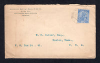 BURMA - 1913 - INDIA USED IN BURMA & CANCELLATION: Cover with printed 'American Baptist Shan Mission, Mong Nai, Southern Shan States, Burma' return address at top left franked with India 191 2a 6p ultramarine GV issue (SG 170) tied by MONG NAI cds dated 22 SEP 1913. Addressed to USA.  (BUR/27911)