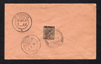 BURMA - 1937 - CANCELLATION: Cover franked on reverse with single 1937 1a chocolate 'BURMA' overprint issue (SG 4) tied by fine SAGAGYI cds dated 5 SEP 1937. Addressed to MYAUNGMYA with MAUBIN transit cds and MYAUNGMYA arrival cds on reverse.  (BUR/42168)