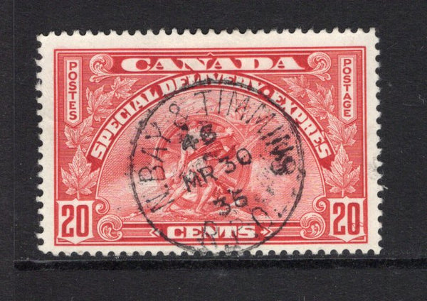 CANADA - 1935 - TRAVELLING POST OFFICES & EXPRESS ISSUE: 20c scarlet 'Special Delivery' EXPRESS issue, a superb used copy with complete central strike of N. BAY & TIMMINS R.P.O. railway cds dated MR 30 1935. (SG S8)  (CAN43777)