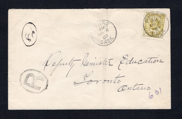 CANADA - 1909 - CANCELLATION, REGISTRATION & TRAVELLING POST OFFICES: Cover franked with single 1903 7c yellow olive EVII issue (SG 180) tied by PENSE SASK cds dated MR 6 1909 with second strike alongside and oval 'R' registration marking. Addressed to ONTARIO with W.P.G. & M JAW R.P.O. No.1 travelling post office cds and arrival cds on reverse.  (CAN43904)