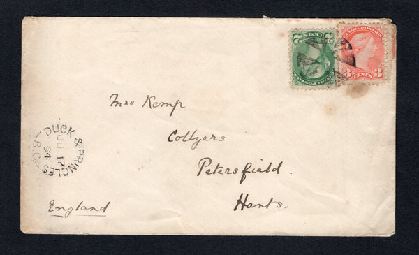 CANADA - 1894 - CANCELLATION: Cover franked with 1889 2c dull sea green and 3c bright vermilion 'Small Queen' issue (SG 103 & 105) tied by dumb 'Cork' cancel with fine strike of DUCK & PRINGLES B.C. cds dated JUN 17 1894. Addressed to UK. Small tone spot on base of one stamp.  (CAN43905)