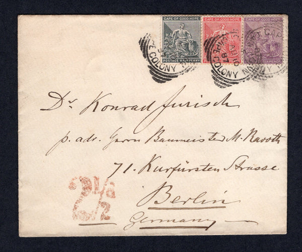 CAPE OF GOOD HOPE - 1887 - SEATED HOPE ISSUE: Cover franked with 1884 ½d black, 1d rose red and 6d purple 'Seated Hope' issue (SG 48/49 & 52a) all tied by CAPETOWN squared circle cds's. Addressed to GERMANY with large handstruck '2½d' in red on front. Nice three colour franking.  (CAP/18455)