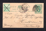 CAPE OF GOOD HOPE - 1898 - POSTAL STATIONERY & CANCELLATION: ½d green QV postal stationery card (H&G 14) used with added 1893 ½d yellow green (SG 61) tied by manuscript cross cancel and card also cancelled by barred numeral '656' with SIR LOWRY ROAD CAPETOWN cds alongside. Addressed to GERMANY with partial arrival cds also on front.  (CAP2277)