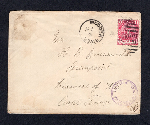 CAPE OF GOOD HOPE - 1900 - BOER WAR & PRISONER OF WAR MAIL: Cover franked with 1893 1d carmine (SG 59a) tied by barred numeral '1136' with MODDER RIVER cds dated JUN 8 1900 alongside. Addressed to 'H. B. Groenewald, Greenpoint, Prisoners of War, Cape Town' with circular 'CENSOR PRISONER OF WAR' censor mark in purple on front.  (CAP/34833)