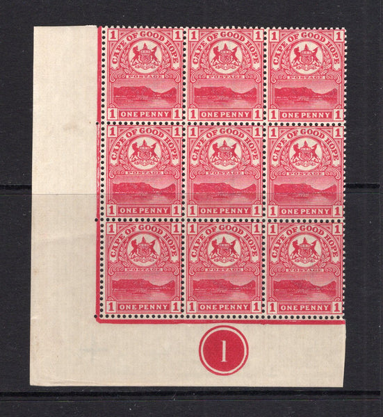 CAPE OF GOOD HOPE - 1900 - MULTIPLE: 1d carmine 'Table Mountain' issue, a fine unmounted mint corner marginal block of nine with '1' plate number in margin. (SG 69)  (CAP/35878)