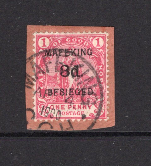 CAPE OF GOOD HOPE - MAFEKING SIEGE STAMPS - 1900 - PROVISIONAL ISSUE & VARIETY: 3d on 1d carmine Cape of Good Hope issue with 'MAFEKING BESIEGED 3d' handstamp in black with variety 'NO COMMA AFTER MAFEKING'. A fine used copy tied on small piece by good strike of MAFEKING C.G.H. cds dated APR 4 1900. Very scarce. (SG 3)  (CAP/41622)