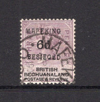 CAPE OF GOOD HOPE - MAFEKING SIEGE STAMPS - 1900 - PROVISIONAL ISSUE & VARIETY: 6d on 3d lilac & black QV issue of British Bechuanaland with 'MAFEKING BESIEGED 6d' handstamp in black with variety 'NO COMMA AFTER MAFEKING'. A fine used copy with good large part strike of MAFEKING C.G.H. cds dated AP 13 1900. Scarce. (SG 10)  (CAP/41626)
