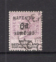 CAPE OF GOOD HOPE - MAFEKING SIEGE STAMPS - 1900 - PROVISIONAL ISSUE & VARIETY: 6d on 3d lilac & black QV issue of British Bechuanaland with 'MAFEKING BESIEGED 6d' handstamp in black with variety 'NO COMMA AFTER MAFEKING'. A fine cds used copy. Scarce. (SG 10)  (CAP/41627)