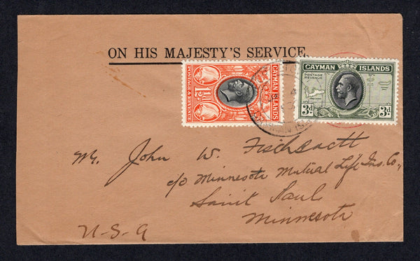 CAYMAN ISLANDS - 1937 - OFFICIAL MAIL: Headed 'On His Majesty's Service' cover franked with 1935 1½d black & orange and 3d black & olive green GV issue (SG 99 & 102) tied by GEORGETOWN cds. Addressed to USA.  (CAY/18541)