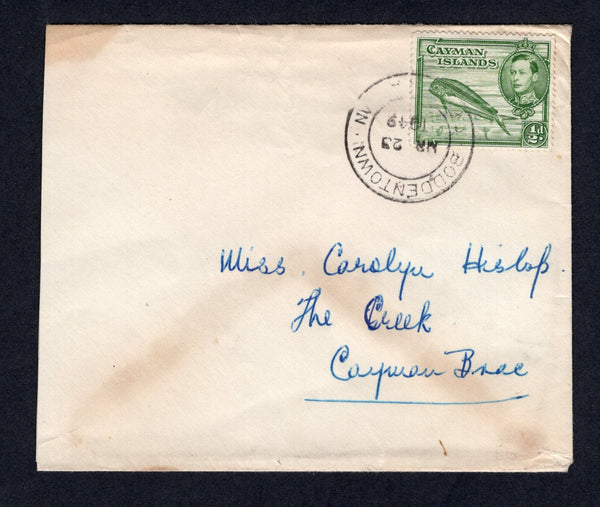 CAYMAN ISLANDS - 1949 - CANCELLATION & RATE: Cover franked with single 1938 ½d green GVI issue (SG 116) tied by fine BODDENTOWN cds. Addressed  to THE CREEK. A nice commercial ½d internal rate.  (CAY/18544)