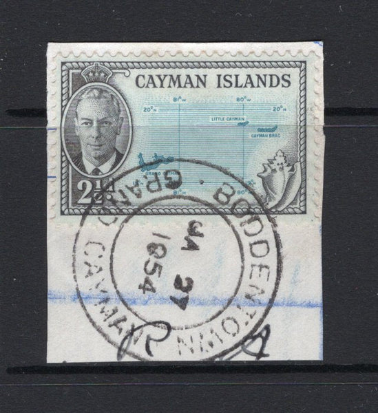 CAYMAN ISLANDS - 1954 - CANCELLATION: 2½d turquoise & black GVI issue tied on piece by superb complete strike of BODDENTOWN cds dated JAN 27 1954 . (SG 140)  (CAY/23704)