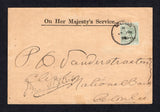 CEYLON - 1896 - OFFICIAL MAIL: Printed 'On Her Majesty's Service' cover franked with single 1895 2c green QV issue with 'On Service' overprint (SG O11) tied by COLOMBO cds dated JY 1 1896 with 'Official' signature handstamp in black alongside. Addressed locally within COLOMBO. A very scarce issue used on cover.  (CEY/41998)