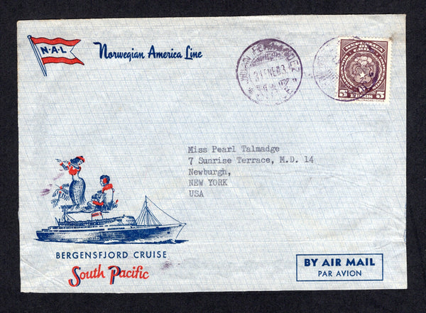 CHILE - 1963 - ISLA JUAN FERNANDEZ & POSTAL FISCAL: Illustrated 'Norwegian America Line - Bergensfjord Cruise South Pacific' airmail cover franked with 1950 5p brown 'Impuesto' REVENUE tied by JUAN FERNANDEZ cds in purple with second strike alongside. Addressed to USA. Unusual & scarce.  (CHI/18327)