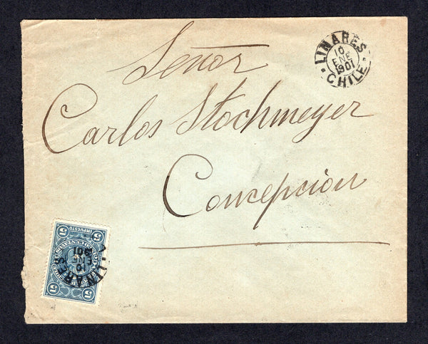 CHILE - 1901 - POSTAL FISCAL: Cover franked with single 1900 5c blue 'Impuesto' REVENUE issue (SG F88, authorised for postal use during stamp shortage from 29 Oct 1900 - 30 Jan 1901, the shortest fourth period of use) tied by LINARES cds dated 10 DIC 1900. Addressed to CONCEPCION arrival mark on reverse.  (CHI/19103)