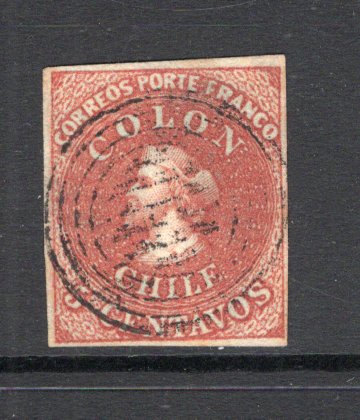 CHILE - 1853 - CLASSIC ISSUES: 5c red brown on blued paper 'Perkins Bacon' FIRST ISSUE with 'Ivory Head' variety, a superb copy with four good to large margins lightly used. (SG 1a)  (CHI/25306)