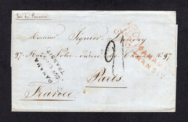 CHILE - 1855 - TRANSATLANTIC MAIL: Stampless cover with manuscript endorsement on reverse showing the origination as TACNA. Addressed to FRANCE with three line PANAMA 22 FE 1855 TRANSIT marking in black and additional two line 'PANAMA TRANSIT' marking in red both on front. Various other transit and arrival marks on front & reverse.  (CHI/29283)