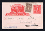 CHILE - 1913 - POSTAL FISCAL & POSTAL STATIONERY: 2c carmine on pale pink postal stationery card (H&G 35) used with added 1900 2c brown 'Postal Fiscal' issue (SG F87, authorised for postal use during temporary stamp shortage in 1913, the fifth period of use) tied by light VALPARAISO cds. Addressed to UK with arrival cds on reverse.  (CHI/29301)