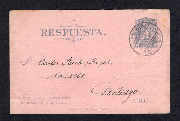 CHILE - 1898 - POSTAL STATIONERY: 3c + 3c blue on lilac postal stationery reply card (H&G 14) the reply half only used back from GERMANY with fine SONNEBERG cds dated 19.12.1898. Addressed to SANTIAGO with arrival cds dated 11 JAN 1899 on reverse. A fine example of the correct use of this card. Very scarce.  (CHI/31503)