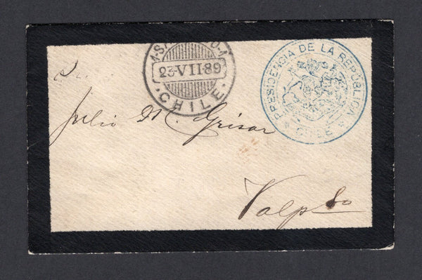 CHILE - 1889 - PRESIDENTIAL MAIL: Small mourning cover with good strike of circular 'PRESIDENCIA DE LA REPUBLICA CHILE' Arms cachet in blue with SANTIAGO 1 cds dated 23 VII 1889. Addressed to VALPARAISO with arrival cds on reverse. A rare early item from the president José Manuel Balmaceda in the post Pacific War period.  (CHI/31738)