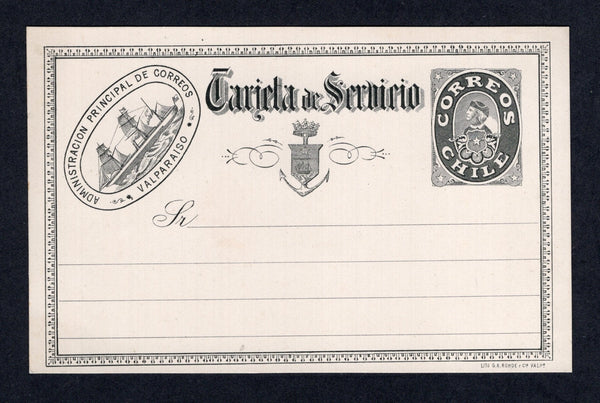 CHILE - 1896 - POSTAL STATIONERY: Black on cream 'Tarjeta de Servicio' Official SHIP type postal stationery card (H&G D32) with 'Tarjeta de Servicio' in a straight line, 'G.A. Rhode & Cia, Valparaiso' printing. A very fine unused copy. Rare.  (CHI/32106)