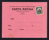 CHILE - 1920 - POSTAL STATIONERY & OFFICIAL: Circa 1920. Printed black on red 'CARTA RAPIDA CORREOS Y TELEGRAFOS CHILE' folded form with 1915 50c black & green 'Presidente' issue attached (SG 170) and a smaller reply version inside also with a 50c attached. The reverse has the printed details of the service and how to use it. Fine unused & very scarce.  (CHI/32108)