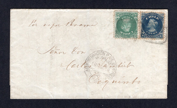 CHILE - 1868 - PERFORATED COLUMBUS ISSUE: Cover franked with 1867 10c deep blue and 20c green 'Perforated' issue (SG 47/48) tied by two light strikes of the boxed 'Sunburst' cancel in black with ADMINISTRACION P. DE CORREOS VALPARAISO CHILE cds in black alongside dated 10 FEB 1868. Addressed to COQUIMBO. The 20c is scarce used on cover.  (CHI/32224)
