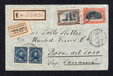 CHILE - 1911 - REGISTRATION & DESTINATION: Registered cover franked with 1910 10c black & brown and 20c black & orange 'Centenary of Independence' issue and pair 1911 5c blue 'Presidente' issue (SG 123, 126 & 138) all tied by CORONEL cds's dated 14 SEP 1911 with black on white registration label alongside. Addressed to BOCAS DEL TORO, PANAMA with black on buff 'VALPARAISO CERTIFICADO TRANSITO' registration label on front and PANAMA TRANSITO transit cds and BOCAS DEL TORO arrival cds on reverse.  (CHI/32250