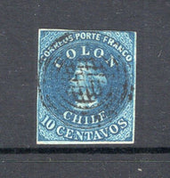 CHILE - 1853 - CLASSIC ISSUES: 10c deep bright blue on yellowish 'Perkins Bacon' FIRST ISSUE, a superb lightly used copy with four margins, tight at top right but otherwise exceptional quality. (SG 2)  (CHI/32350)