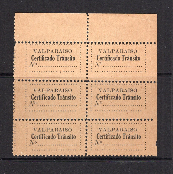 CHILE - 1890 - CINDERELLA: Circa 1890. Black on buff 'VALPARAISO CERTIFICADO TRANSITO' perforated registration label, a fine unused top marginal block of six. Unusual.  (CHI/32513)